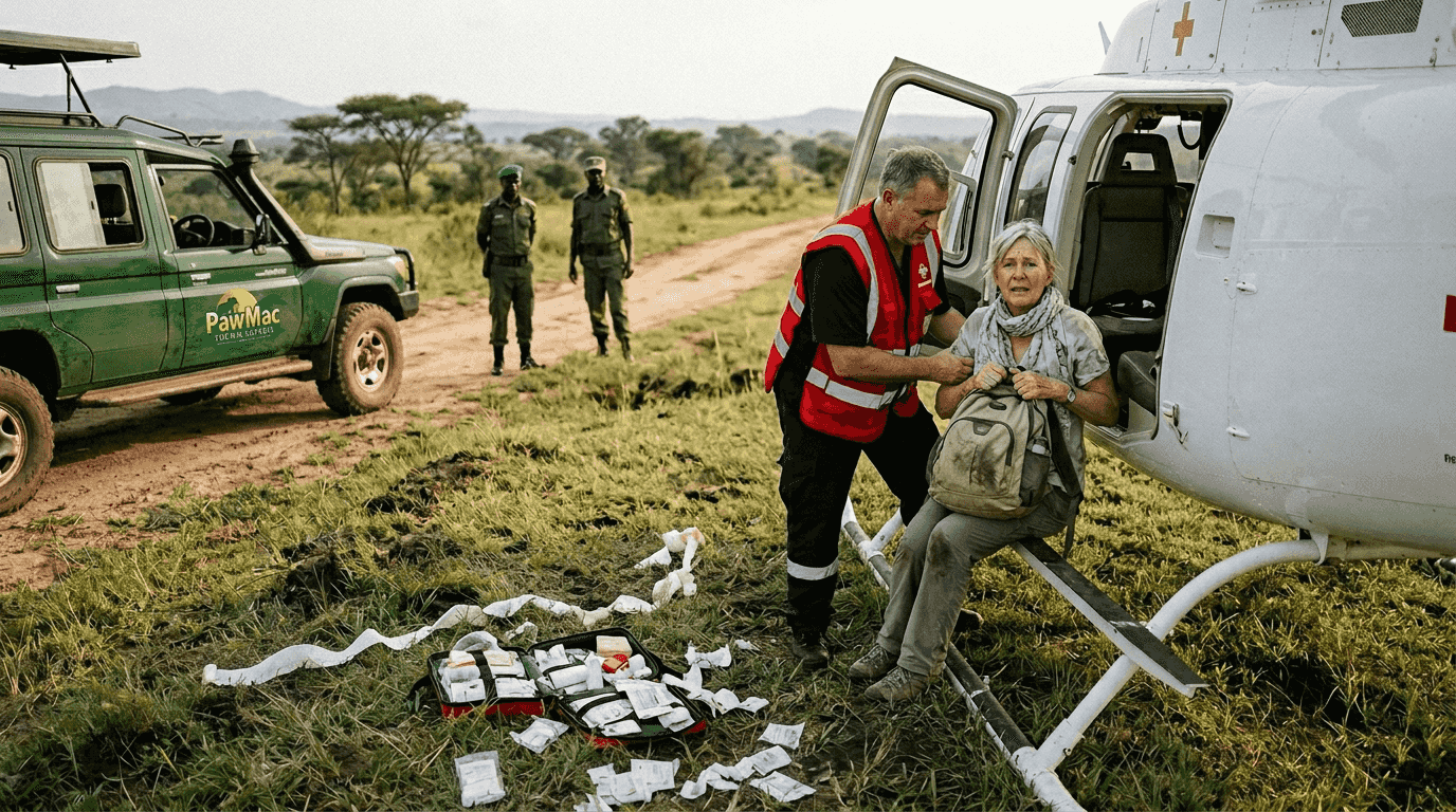 Medical evacuation helicopter aids safari guest in Uganda