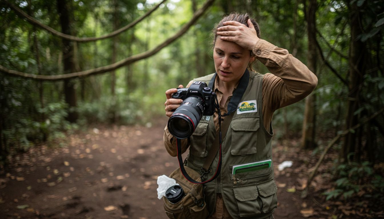Photographer preparing gear in Kibale forest
