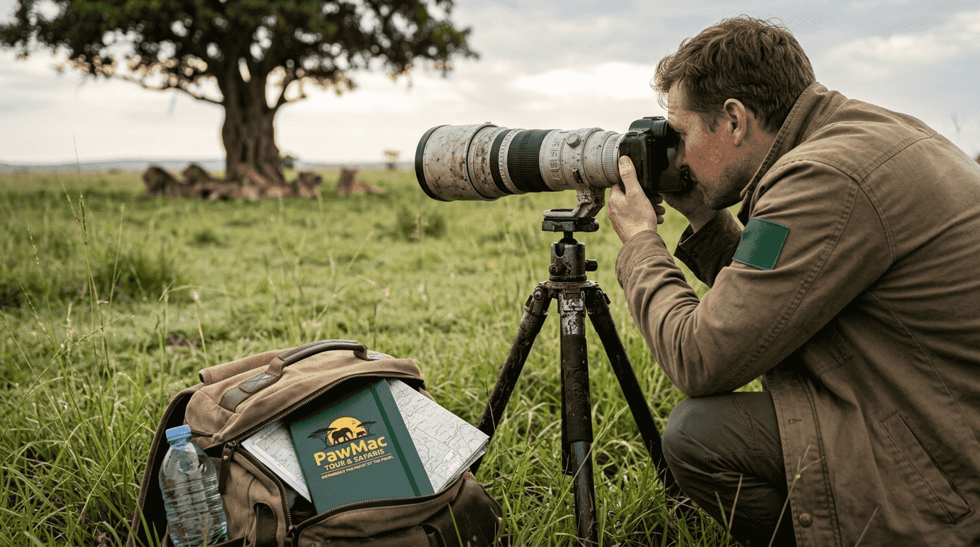 Photographer aiming camera at lions in grass