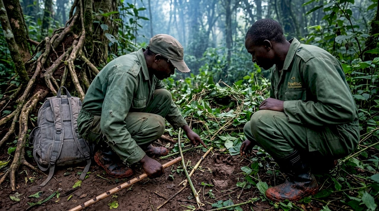 Trackers locating gorilla nest at daybreak