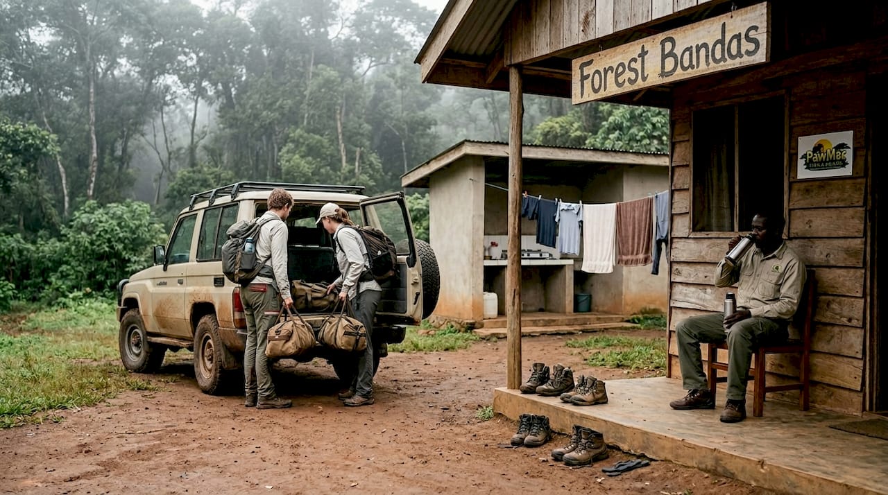 Budget lodge with travelers near forest edge