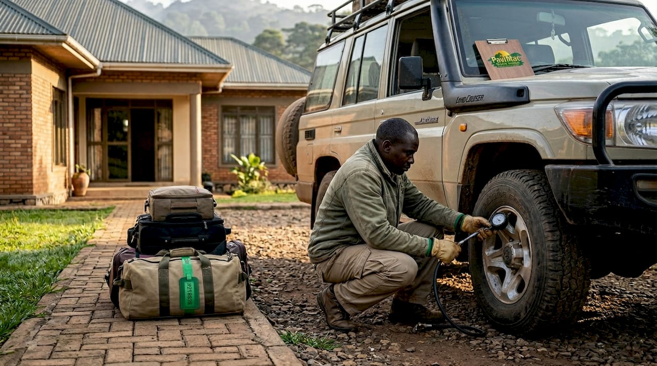 Driver prepping safari vehicle near Bwindi lodge