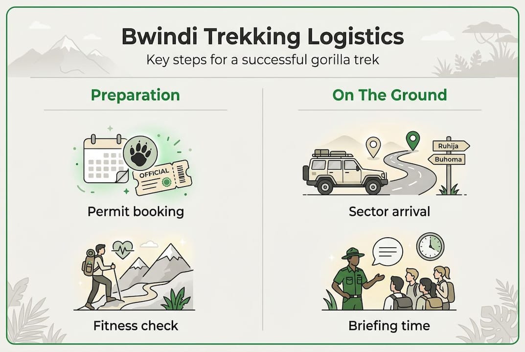 Infographic with Bwindi trekking logistics steps