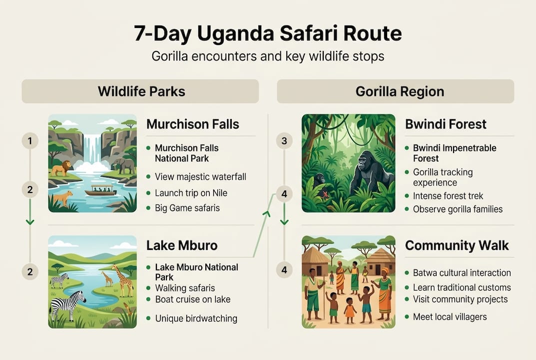 Infographic showing 7-day Uganda safari route highlights