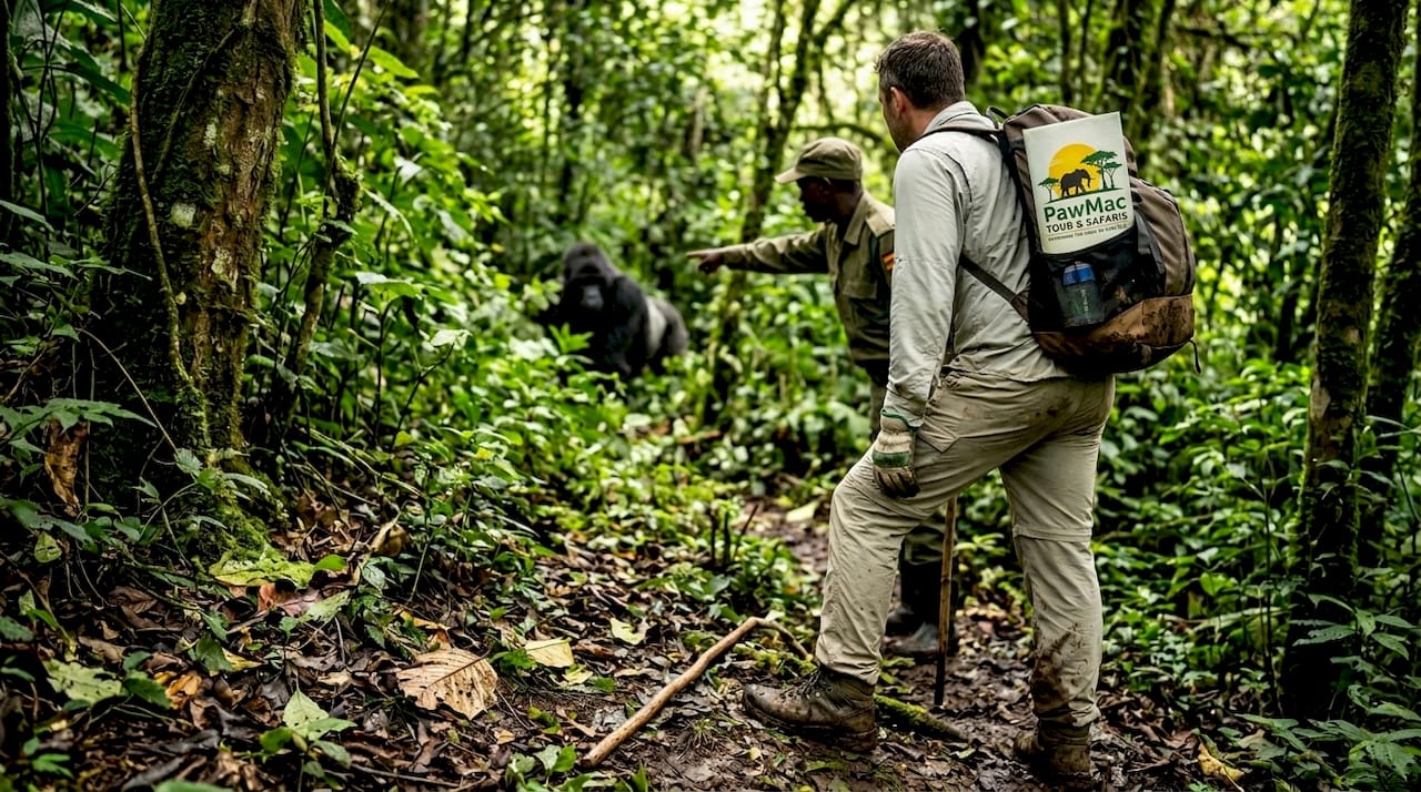 Trekker and gorilla in Bwindi forest during trek