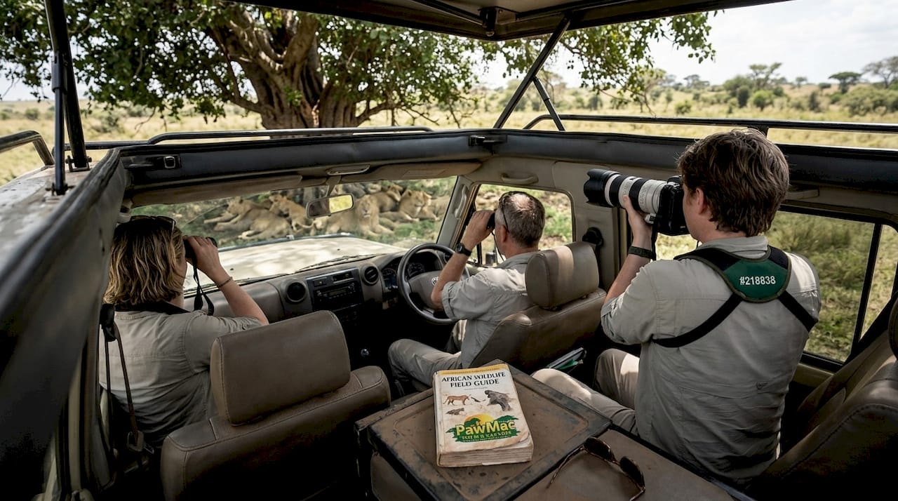 Tourists observe lions from safari vehicle