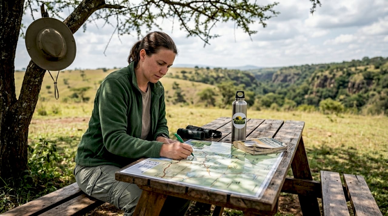 Coordinator mapping safari routes outside camp