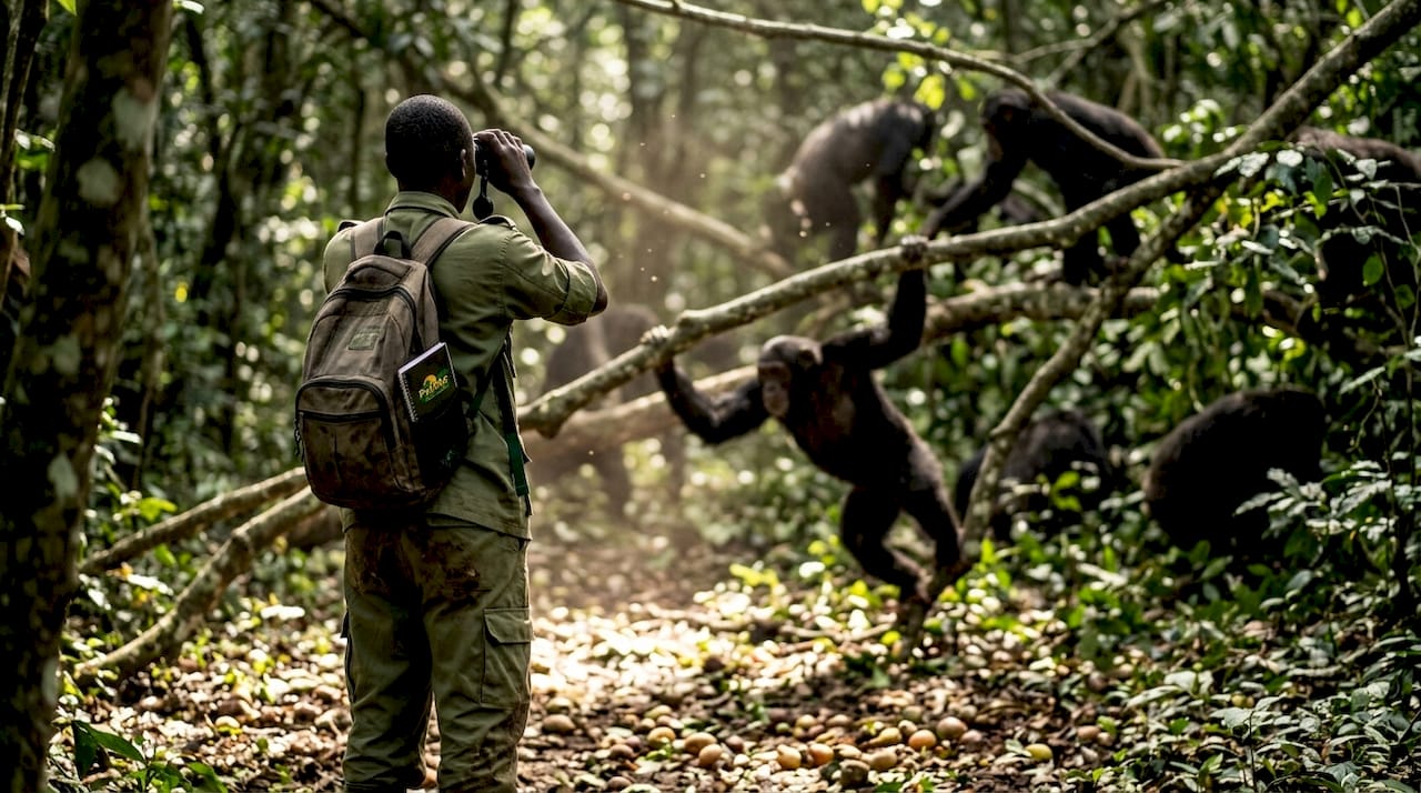 Ranger observing wild chimpanzees in Kibale forest