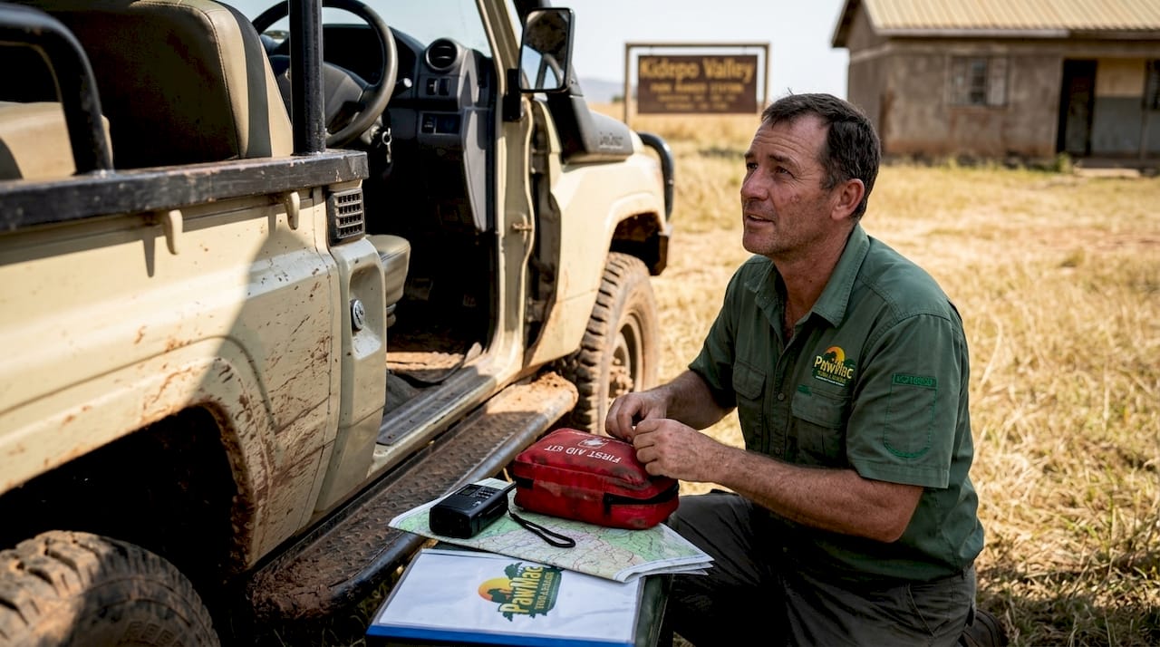 Safari guide inspects medical kit by jeep