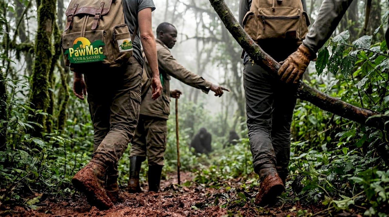 Guide leads gorilla trekking group in humid forest