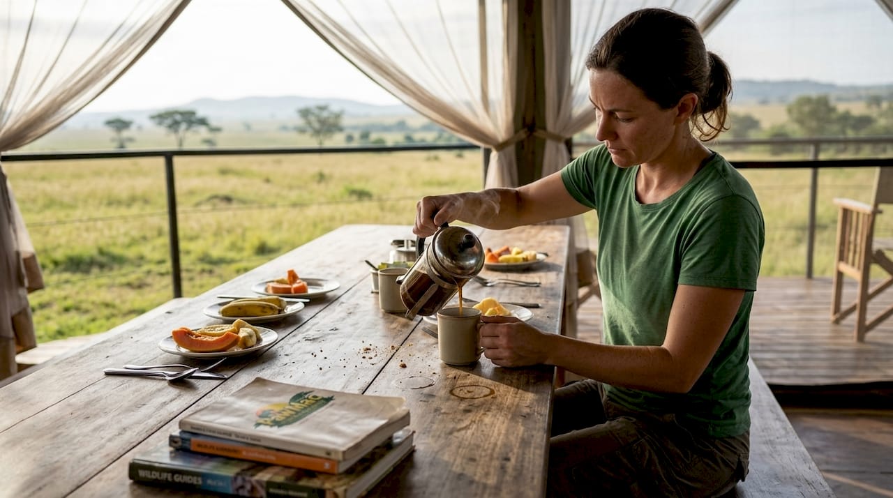 Guest pouring coffee at safari lodge dining table