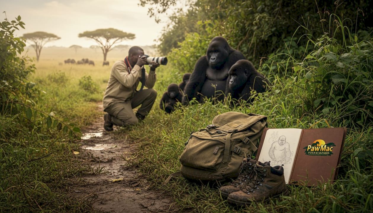 Photographer near gorillas, migration nearby