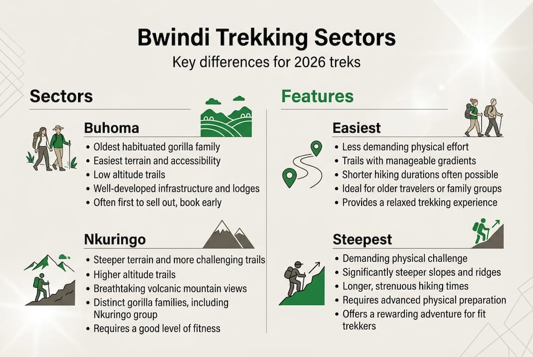 Infographic summarizing Bwindi trekking sectors and features