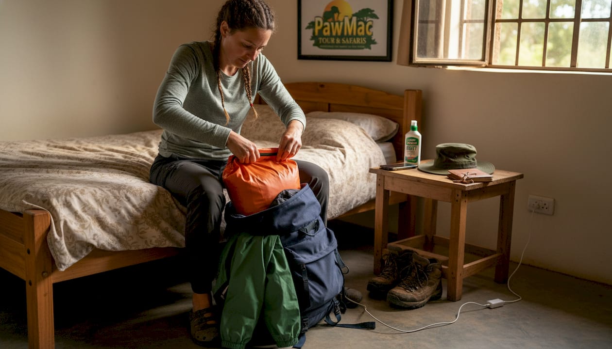 Trekker packing gear for Bwindi trek