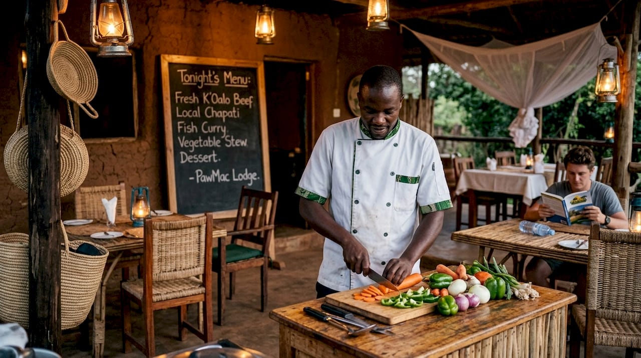 Chef and guest in lodge dining area prepping meal