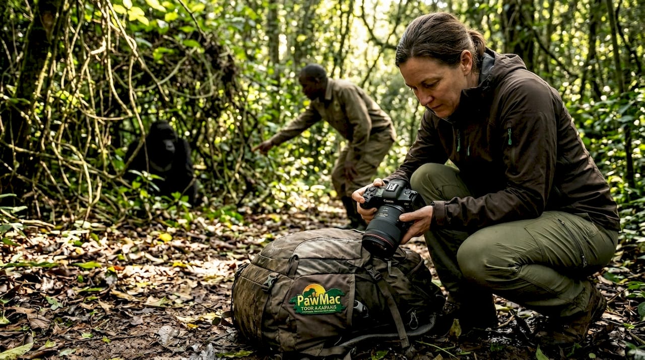 Trekker prepares camera for gorilla photography