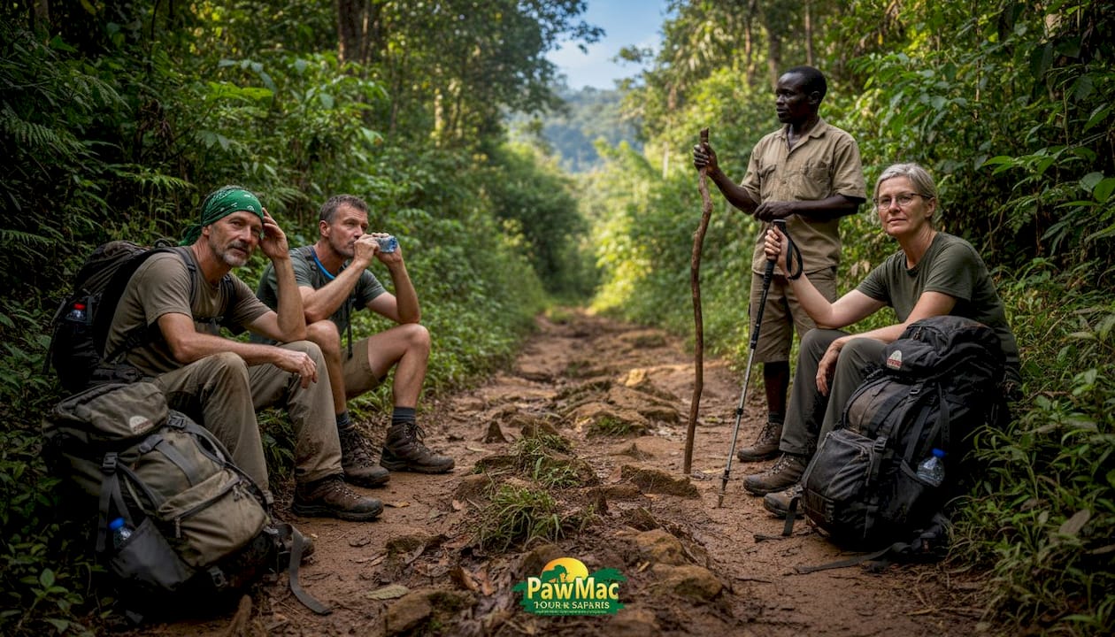 Trekking group takes break in forest on hike