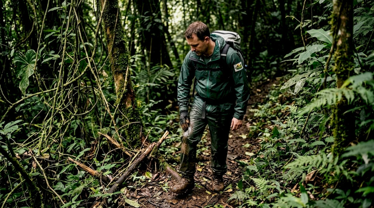 Trekker climbs muddy trail in dense rainforest