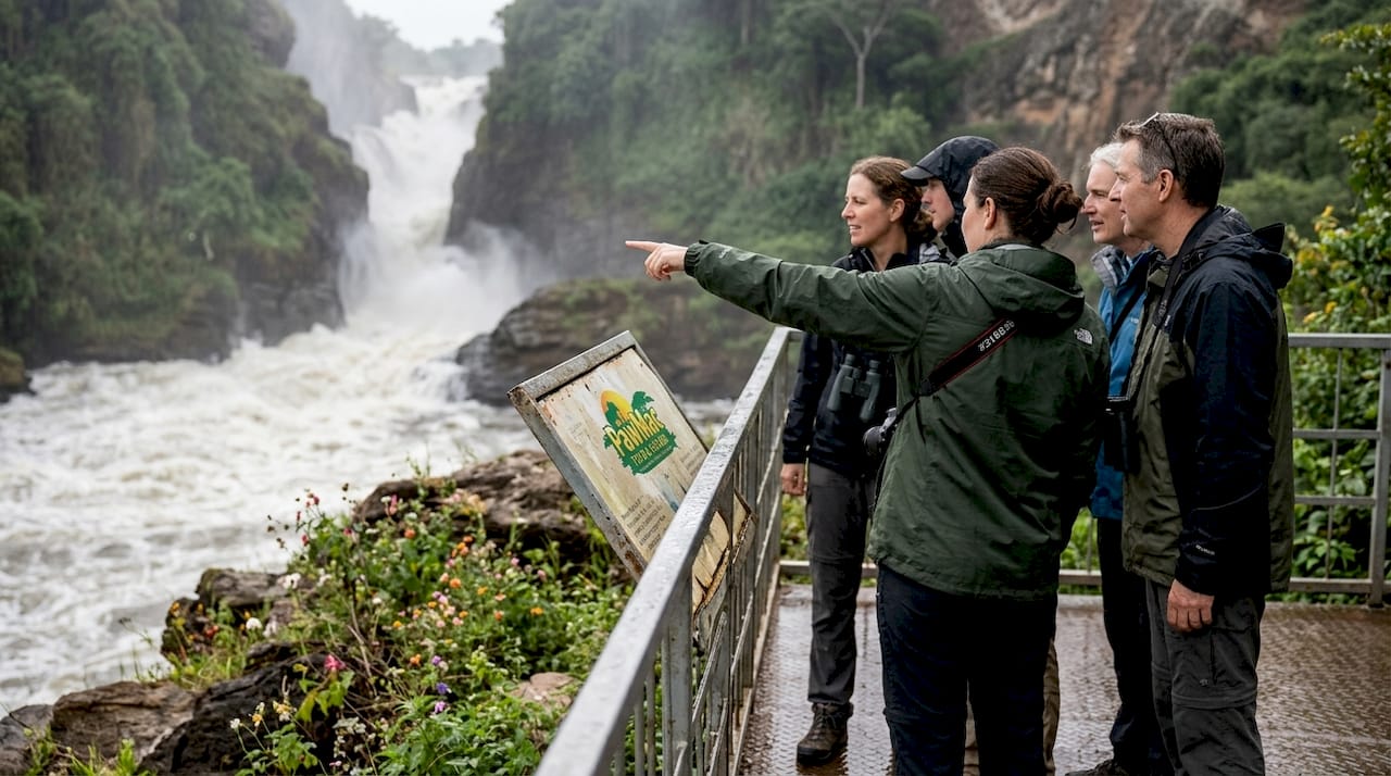 Tourists viewing swollen Nile at Murchison Falls