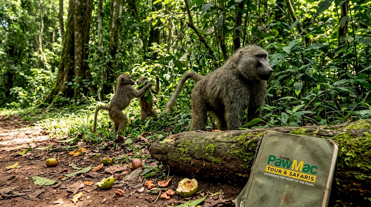 Baboons foraging in Kibale Park undergrowth