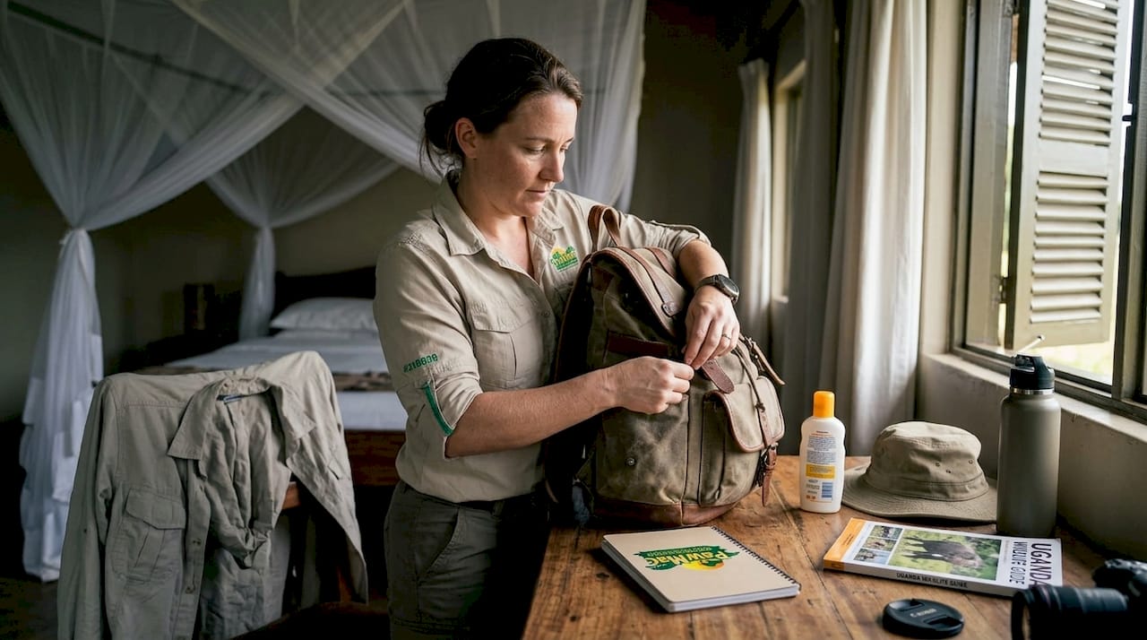 Woman packing safari essentials in lodge room