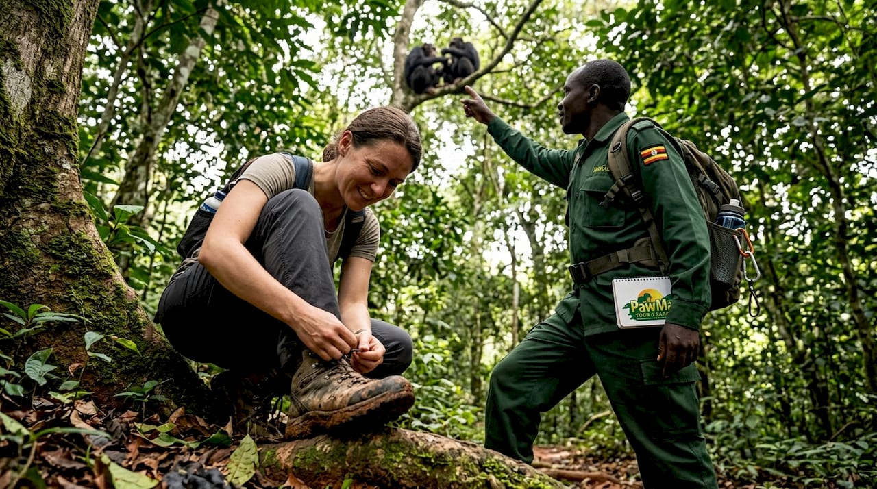 Ranger points out chimpanzees in Kibale forest
