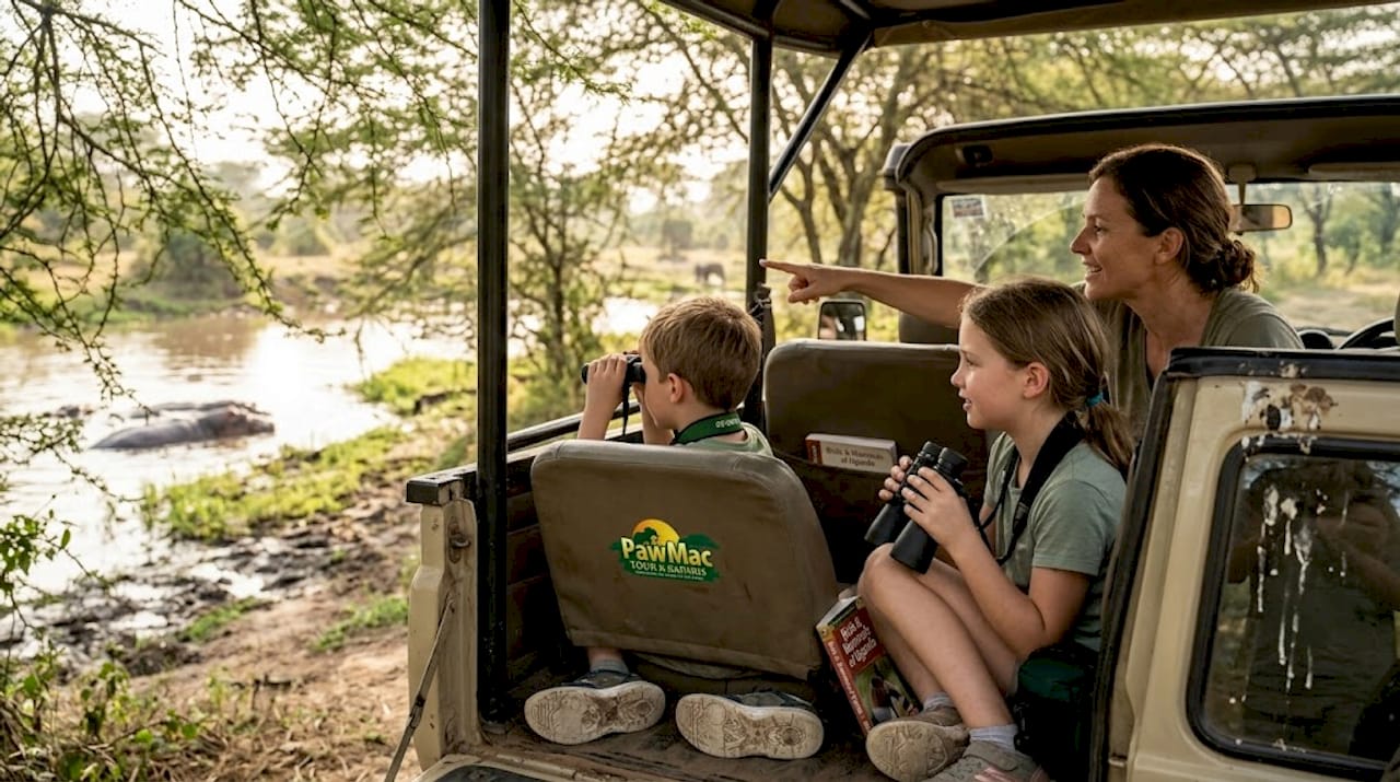 Children spotting wildlife on Uganda safari