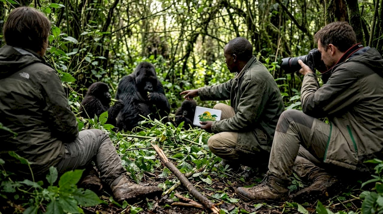 Tourists and guide watching mountain gorillas feed