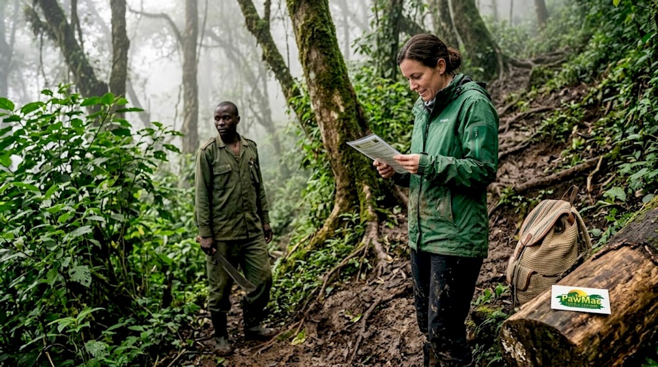 Trekker navigating muddy Bwindi forest
