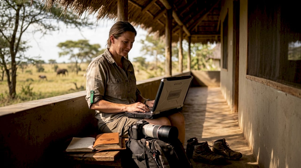 Photographer reviewing photos at Uganda lodge