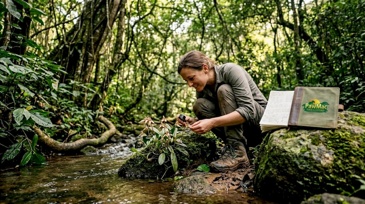 Naturalist by stream in Bwindi forest valley