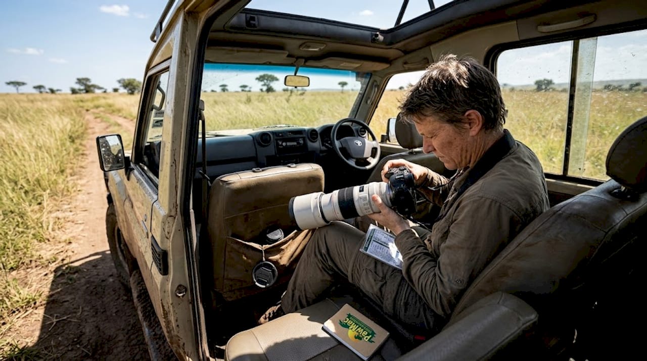 Photographer adjusting camera in safari jeep