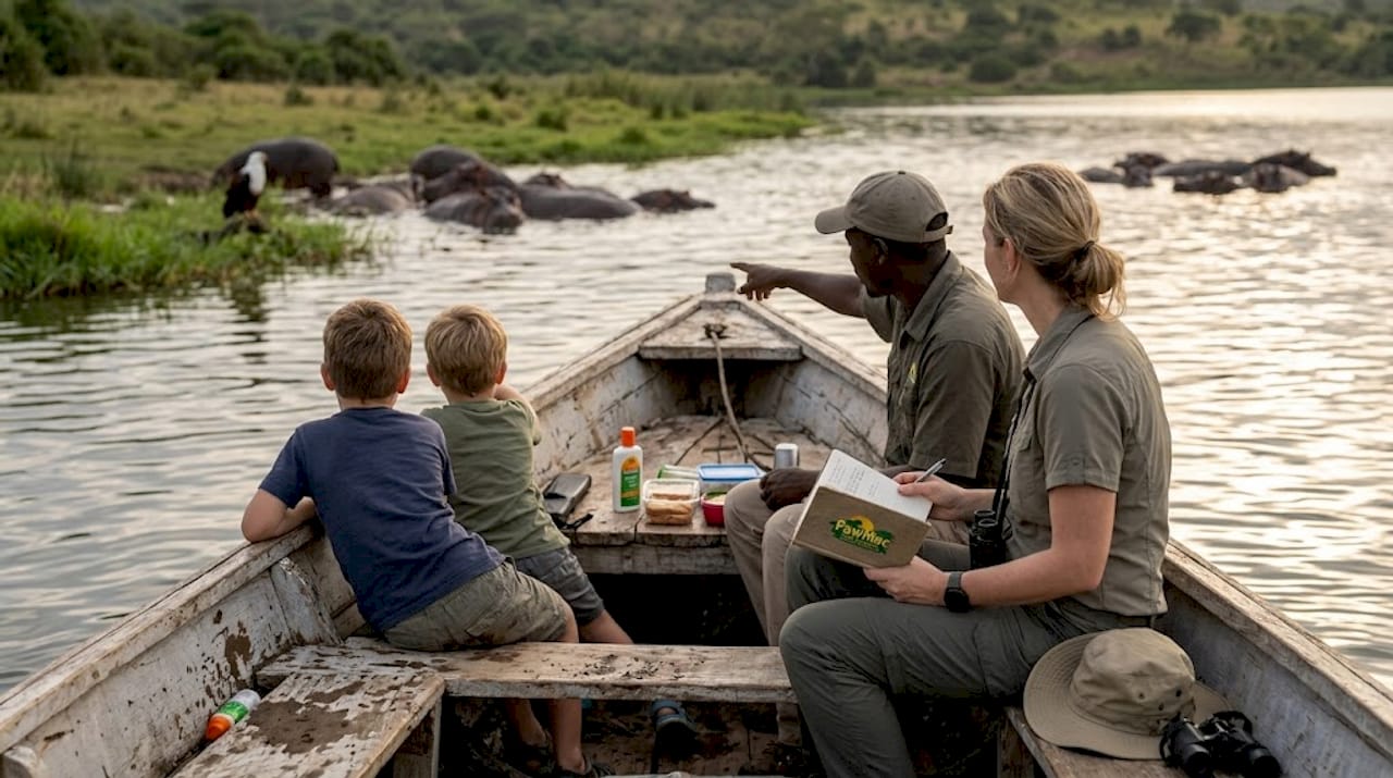 Family on Kazinga Channel boat safari spotting wildlife