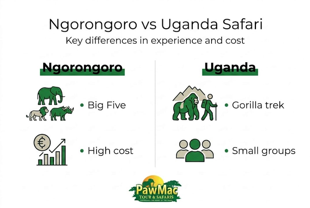 Infographic comparing Ngorongoro and Uganda safaris