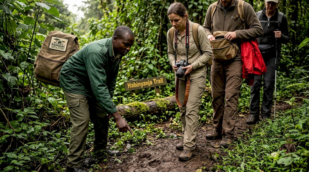 Travelers trekking with ranger in Ugandan forest