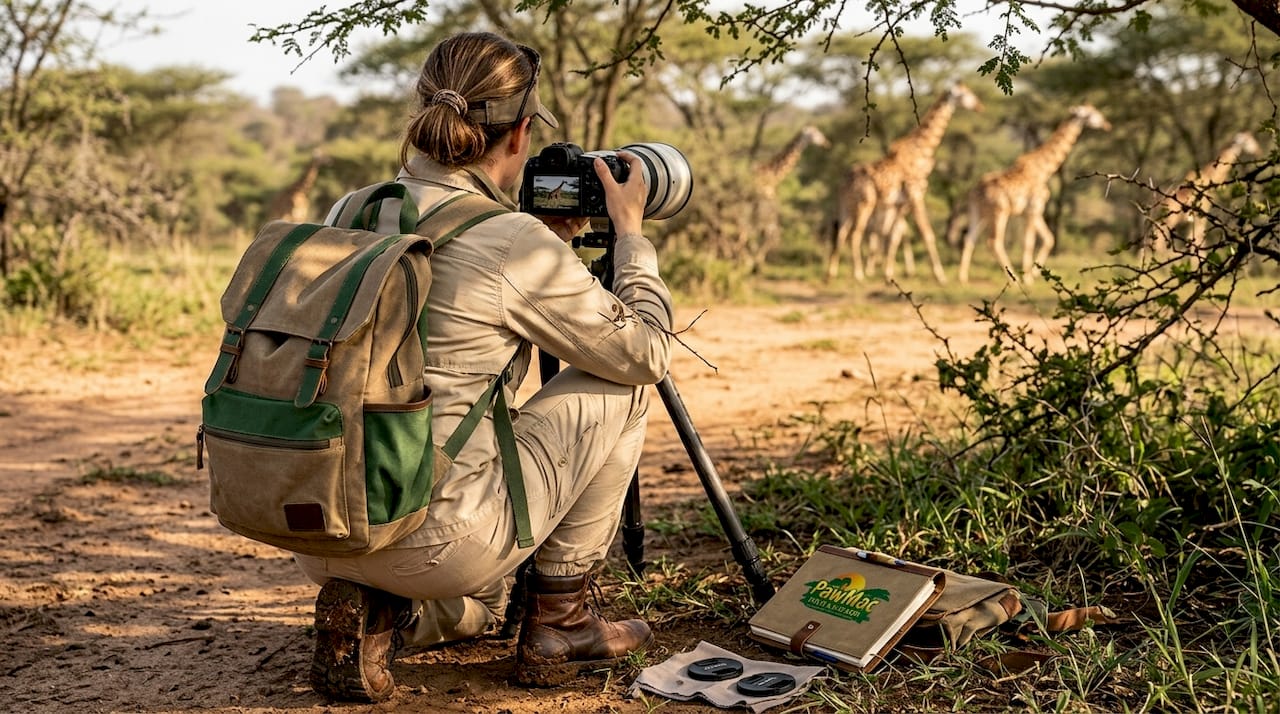 Photographer documenting giraffes in wild Uganda