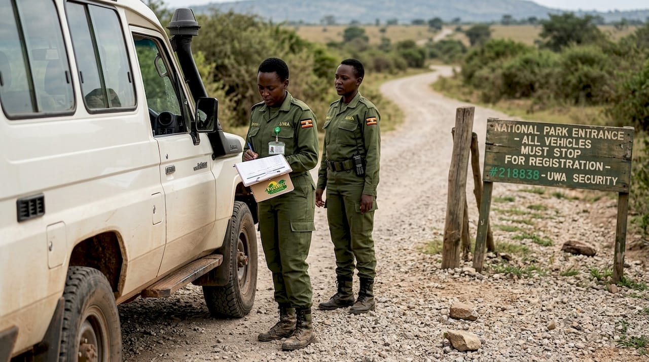 Rangers conducting vehicle checkpoint at park entrance