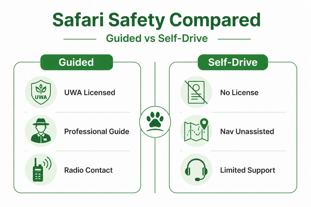 Infographic comparing guided and self-drive safari safety factors