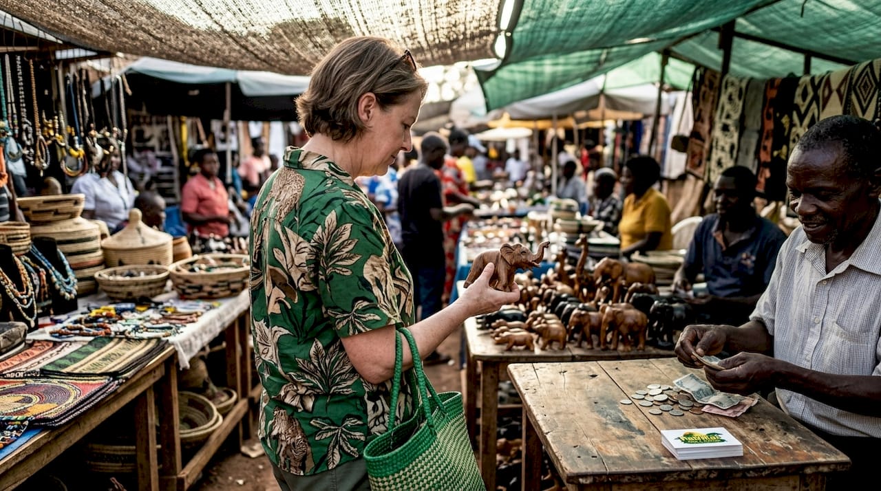 Traveler shopping at Entebbe crafts market