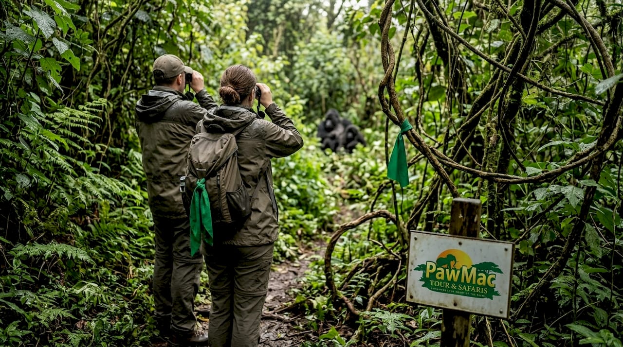 Travelers observe gorillas in dense Bwindi forest