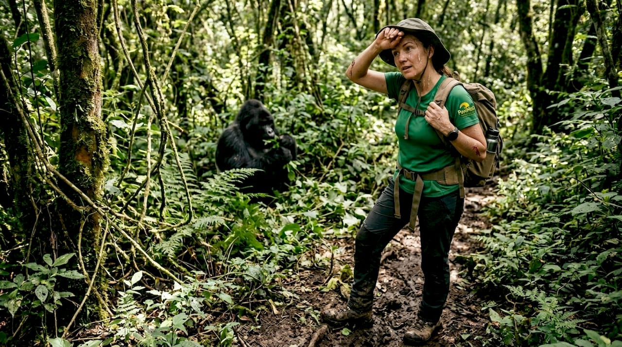 Trekker observing gorilla in Ugandan forest