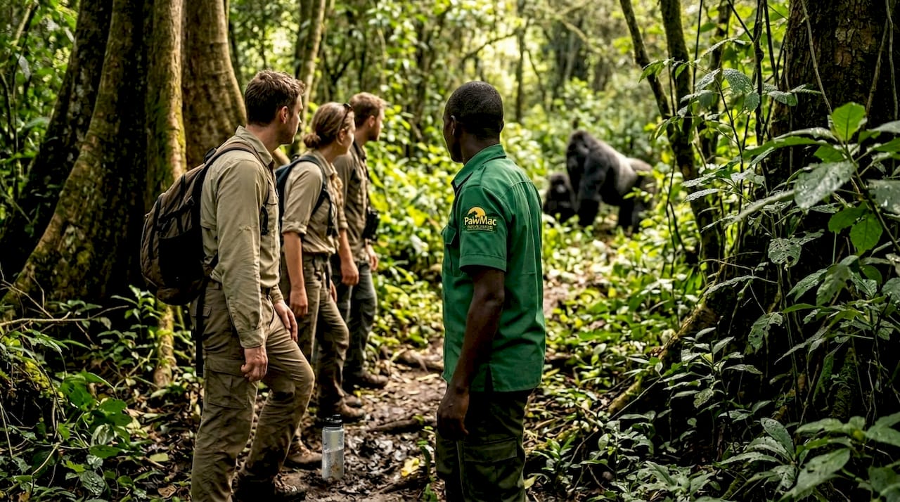 Travelers pausing on trail watching gorillas