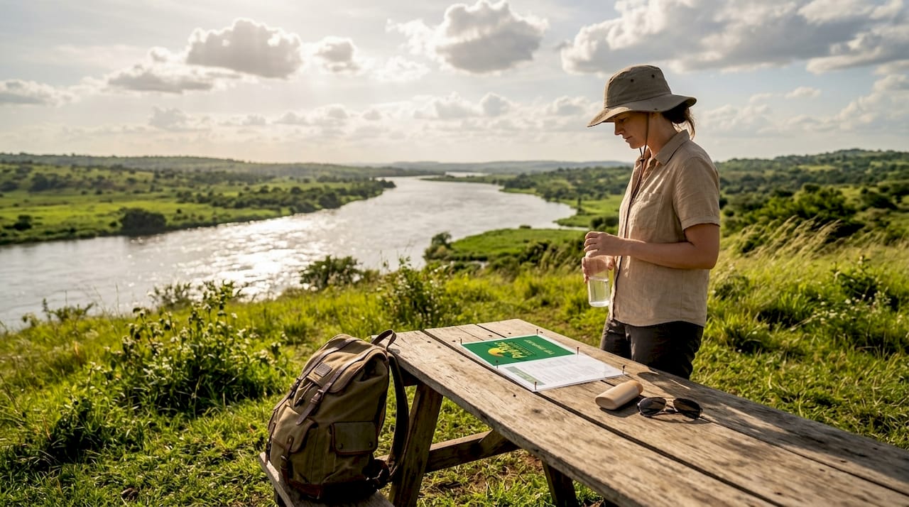 Traveler planning riverside adventure at café table
