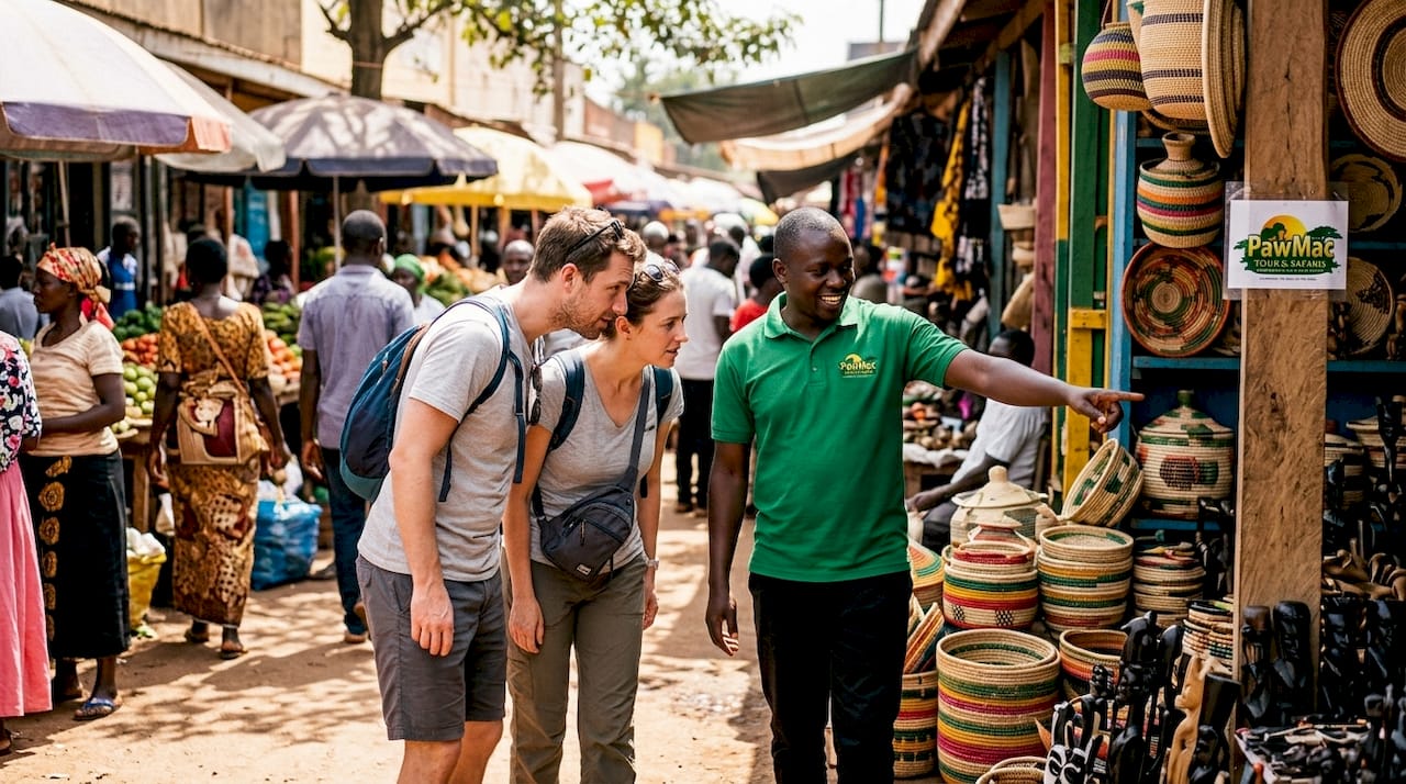 Tour group with guide near Kampala attraction