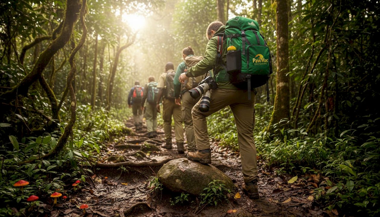 Trekkers follow guide in dense Ugandan rainforest