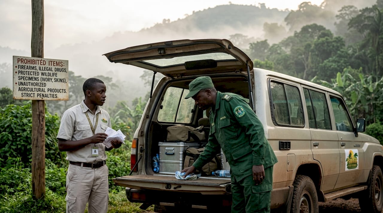 Border official inspects safari vehicle luggage