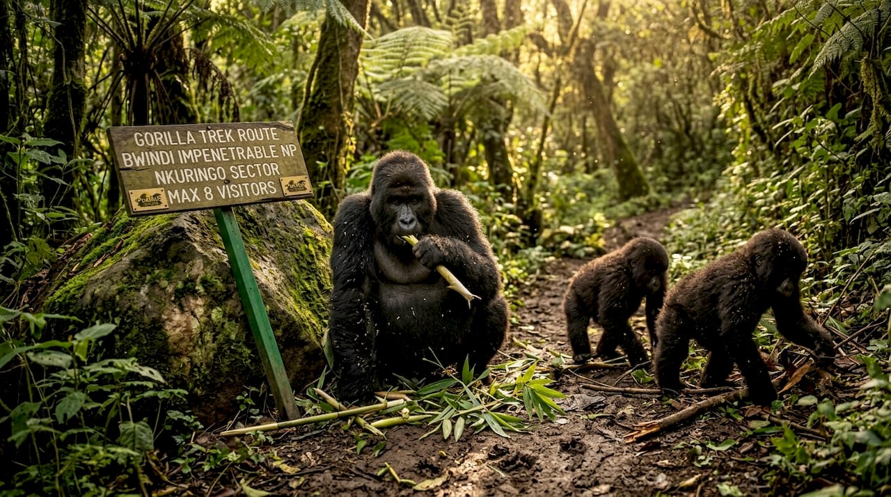 Uganda mountain gorillas foraging for seasonal bamboo shoots