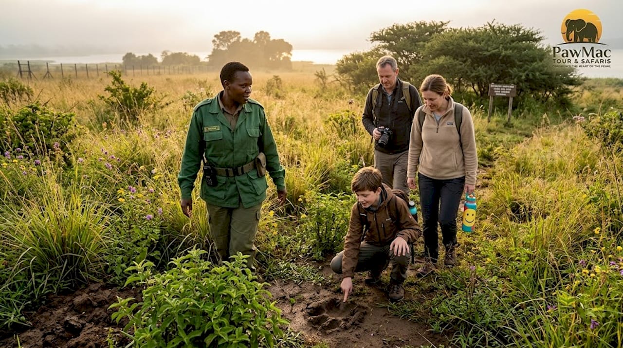 Group bushwalking and tracking rhino footprints