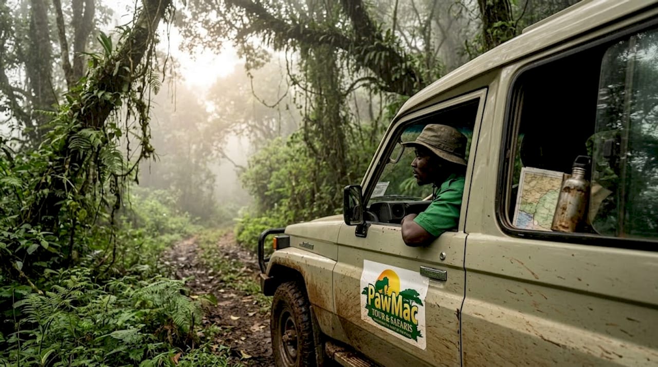 Safari van on forest track in Uganda
