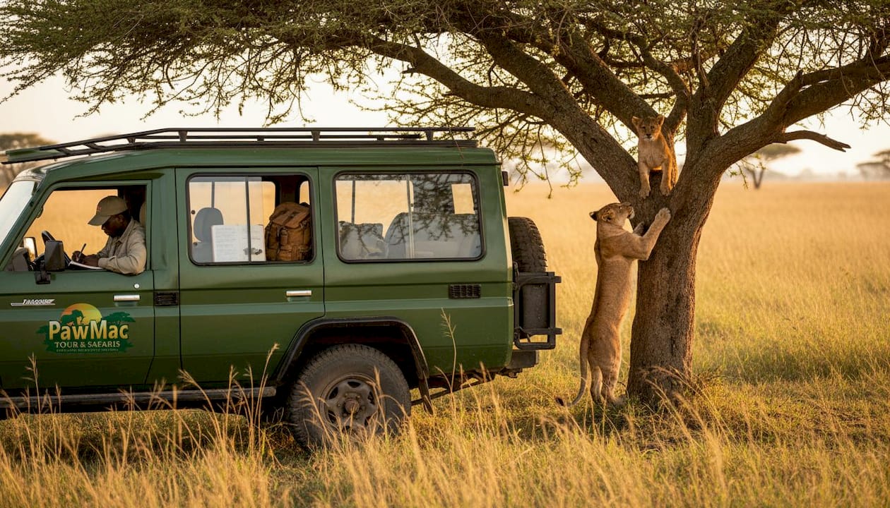 Lioness and cub climbing fig tree observed by researcher